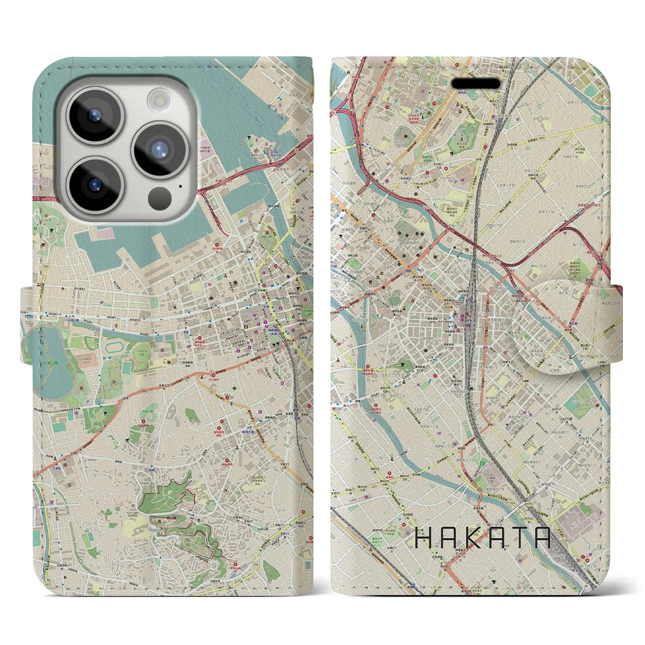 【博多2(福岡県)】地図柄iPhoneケース(手帳タイプ)ナチュラル・iPhone 15 Pro 用