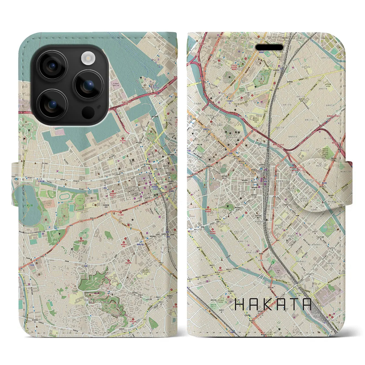 【博多2(福岡県)】地図柄iPhoneケース(手帳タイプ)ナチュラル・iPhone 16 用