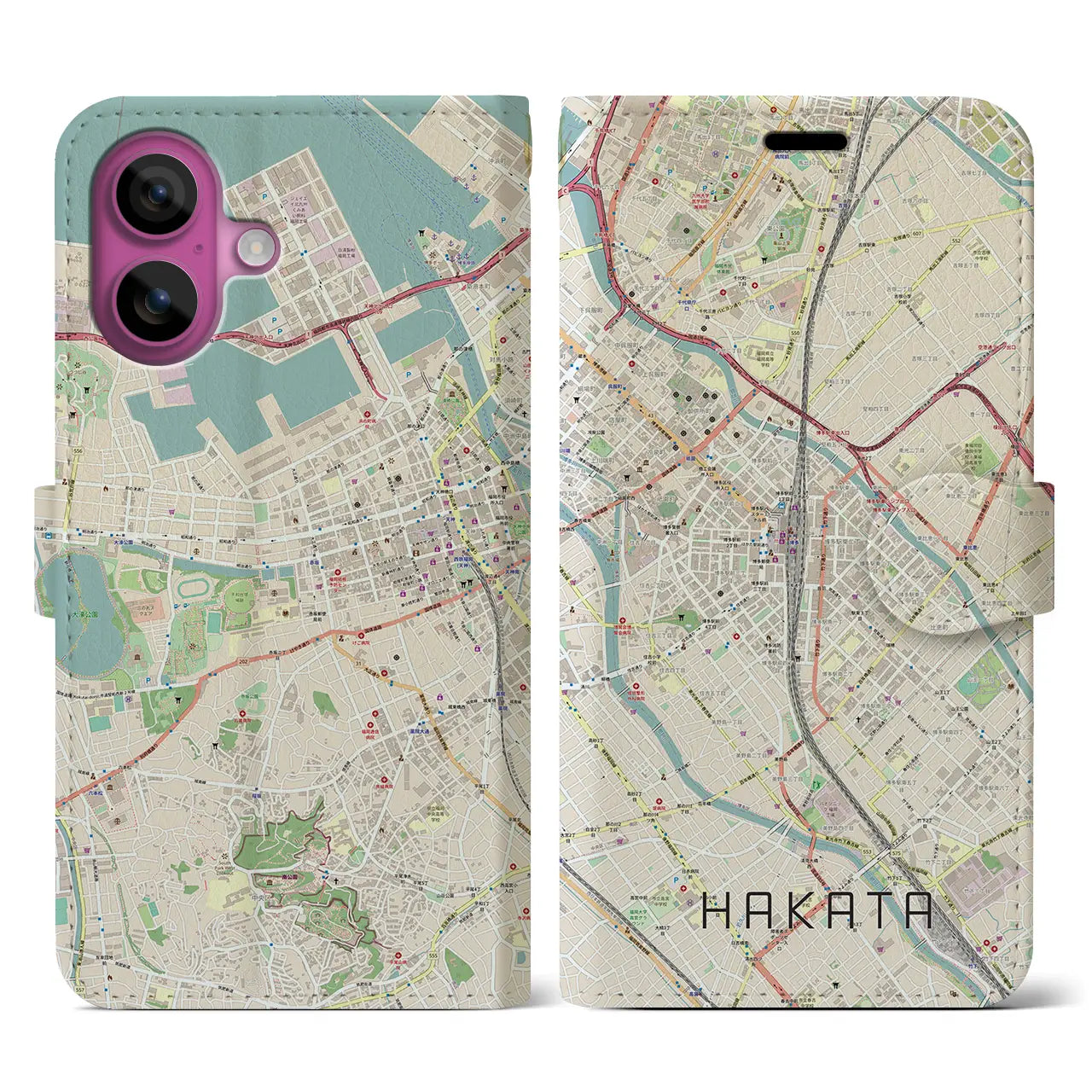 【博多2(福岡県)】地図柄iPhoneケース(手帳タイプ)ナチュラル・iPhone 16 Pro 用