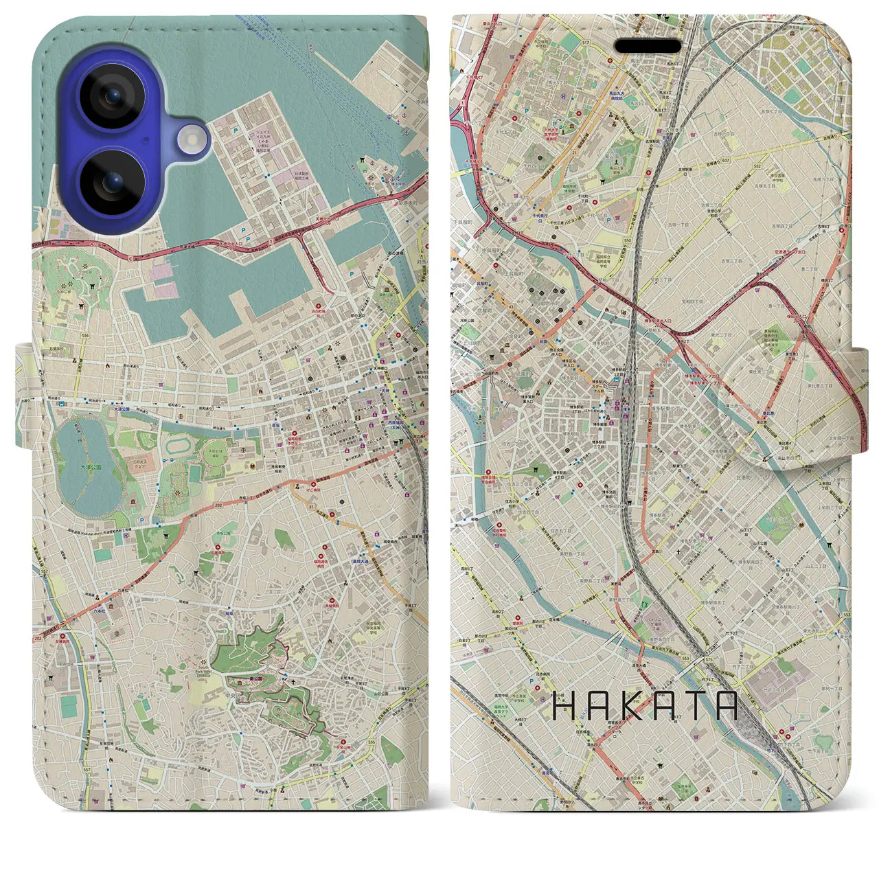 【博多2(福岡県)】地図柄iPhoneケース(手帳タイプ)ナチュラル・iPhone 16 Pro Max 用