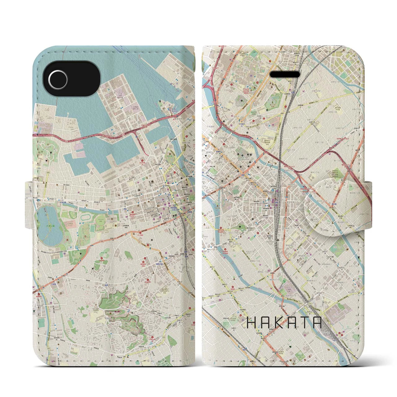 【博多2(福岡県)】地図柄iPhoneケース(手帳タイプ)ナチュラル・iPhone SE(第3 / 第2世代) / 8 / 7 / 6s / 6 用
