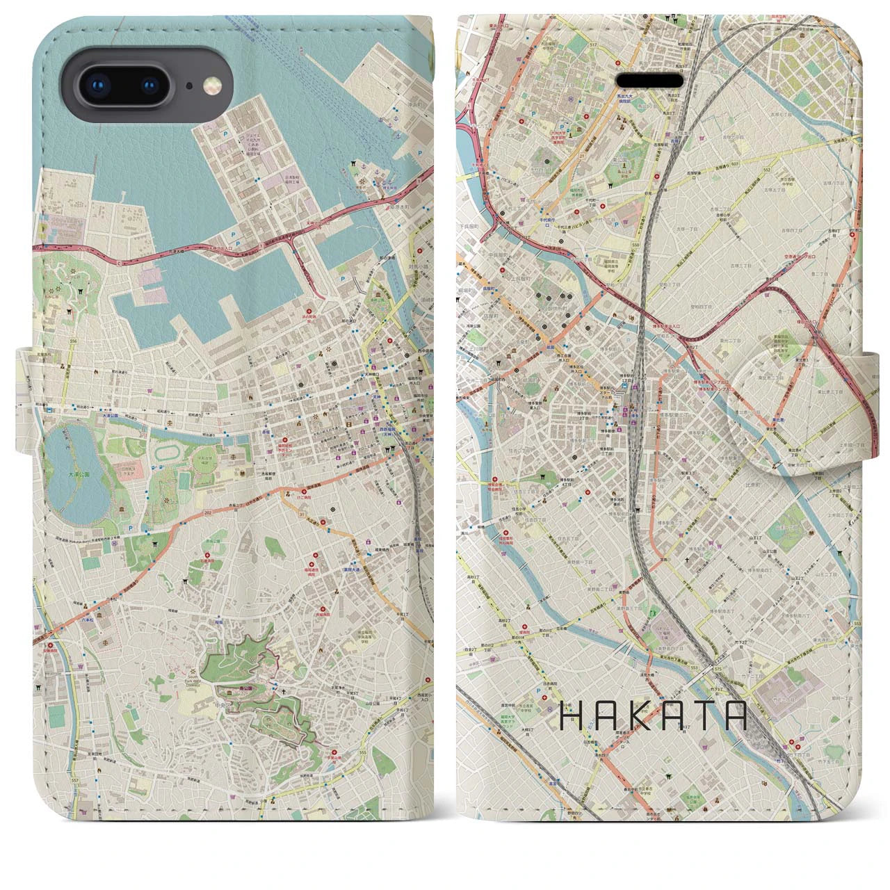 【博多2(福岡県)】地図柄iPhoneケース(手帳タイプ)ナチュラル・iPhone 8Plus /7Plus / 6sPlus / 6Plus 用
