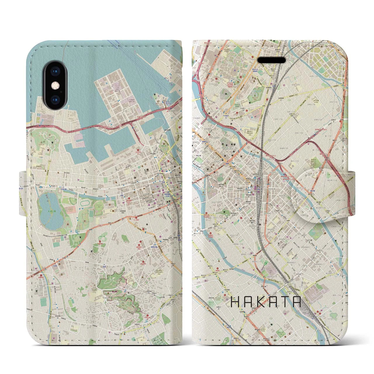 【博多2(福岡県)】地図柄iPhoneケース(手帳タイプ)ナチュラル・iPhone XS / X 用