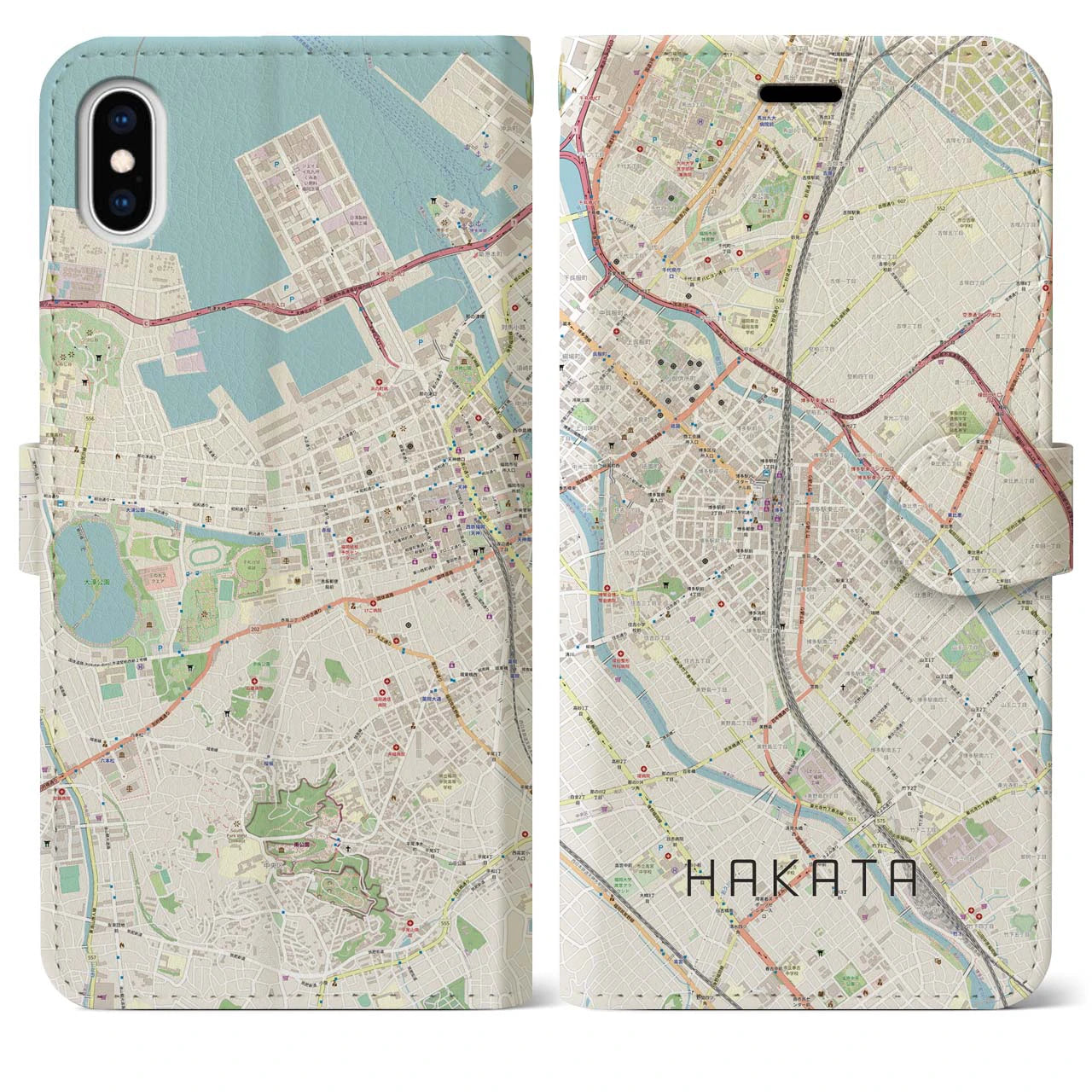 【博多2(福岡県)】地図柄iPhoneケース(手帳タイプ)ナチュラル・iPhone XS Max 用