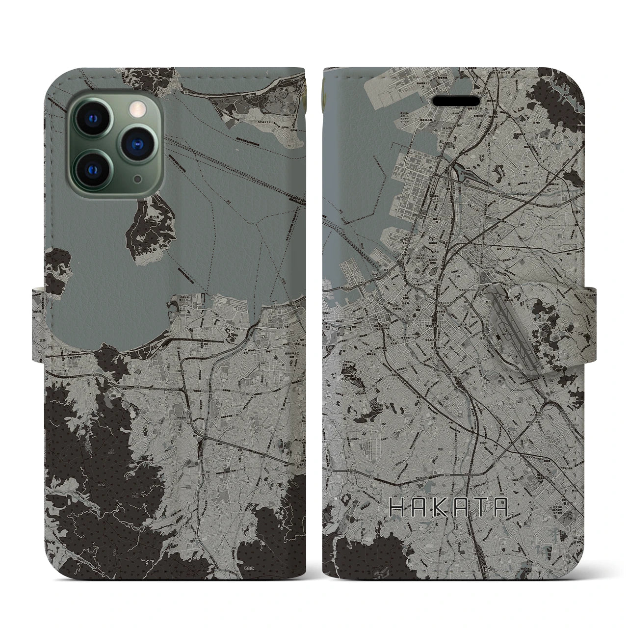 【博多(福岡県)】地図柄iPhoneケース(手帳タイプ)モノトーン・iPhone 11 Pro 用