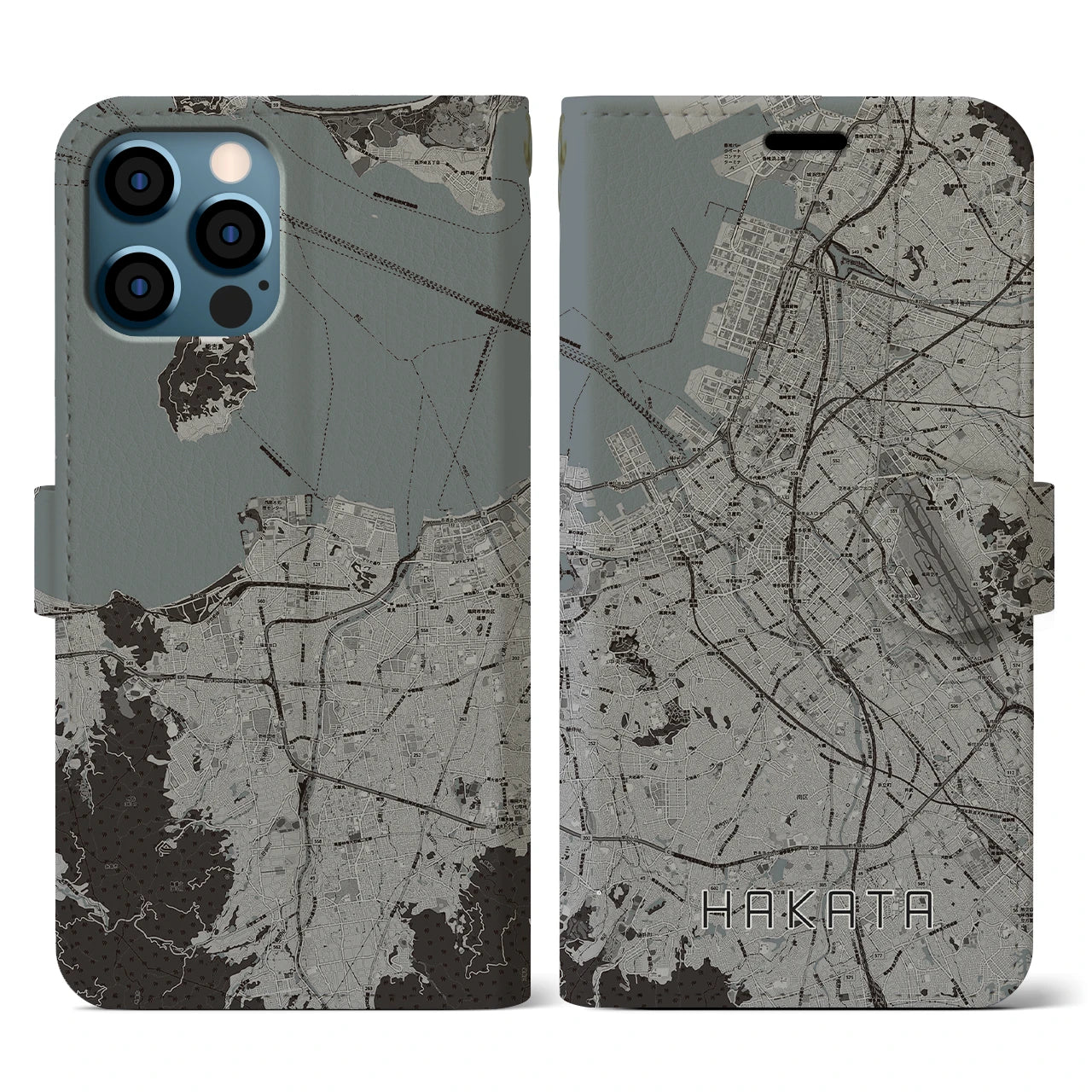 【博多(福岡県)】地図柄iPhoneケース(手帳タイプ)モノトーン・iPhone 12 / 12 Pro 用