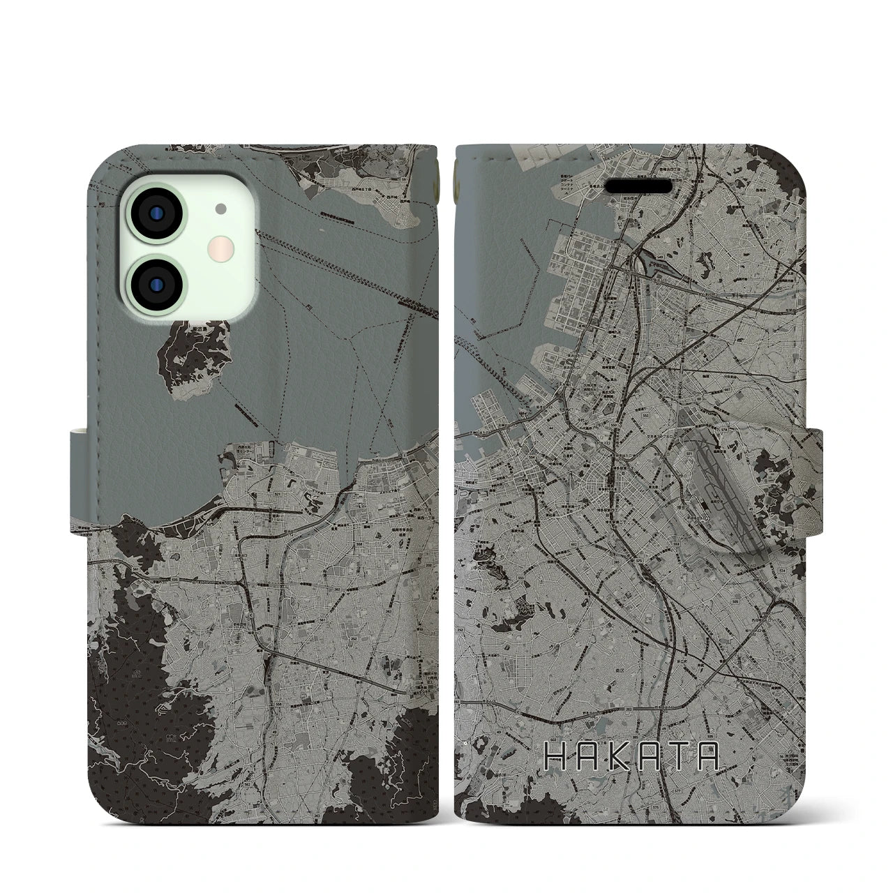 【博多(福岡県)】地図柄iPhoneケース(手帳タイプ)モノトーン・iPhone 12 mini 用