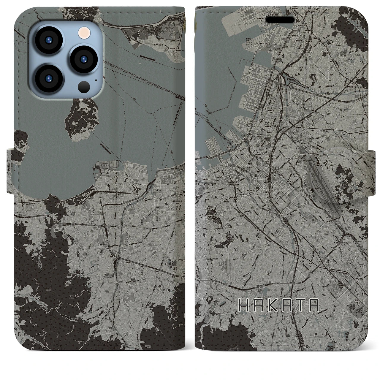 【博多(福岡県)】地図柄iPhoneケース(手帳タイプ)モノトーン・iPhone 13 Pro Max 用