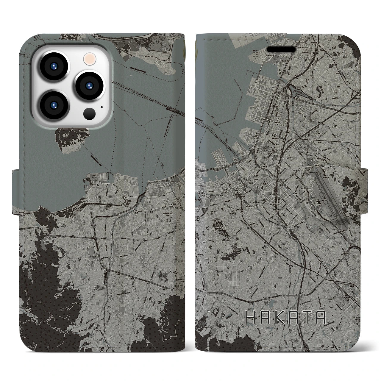 【博多(福岡県)】地図柄iPhoneケース(手帳タイプ)モノトーン・iPhone 13 Pro 用