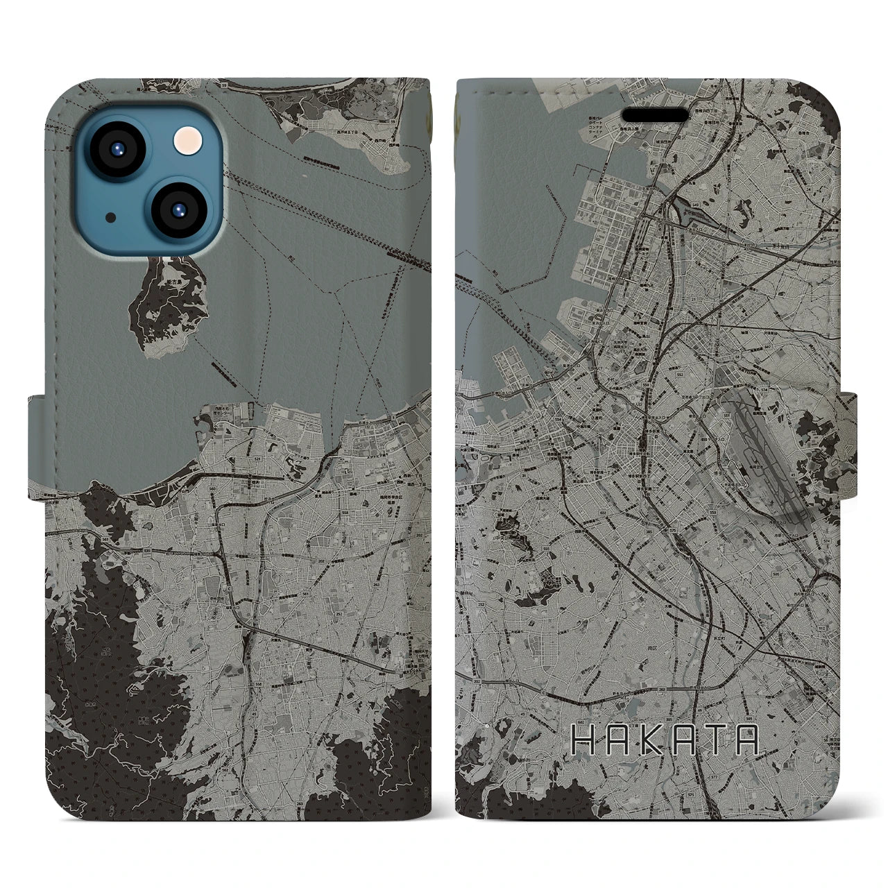 【博多(福岡県)】地図柄iPhoneケース(手帳タイプ)モノトーン・iPhone 13 用