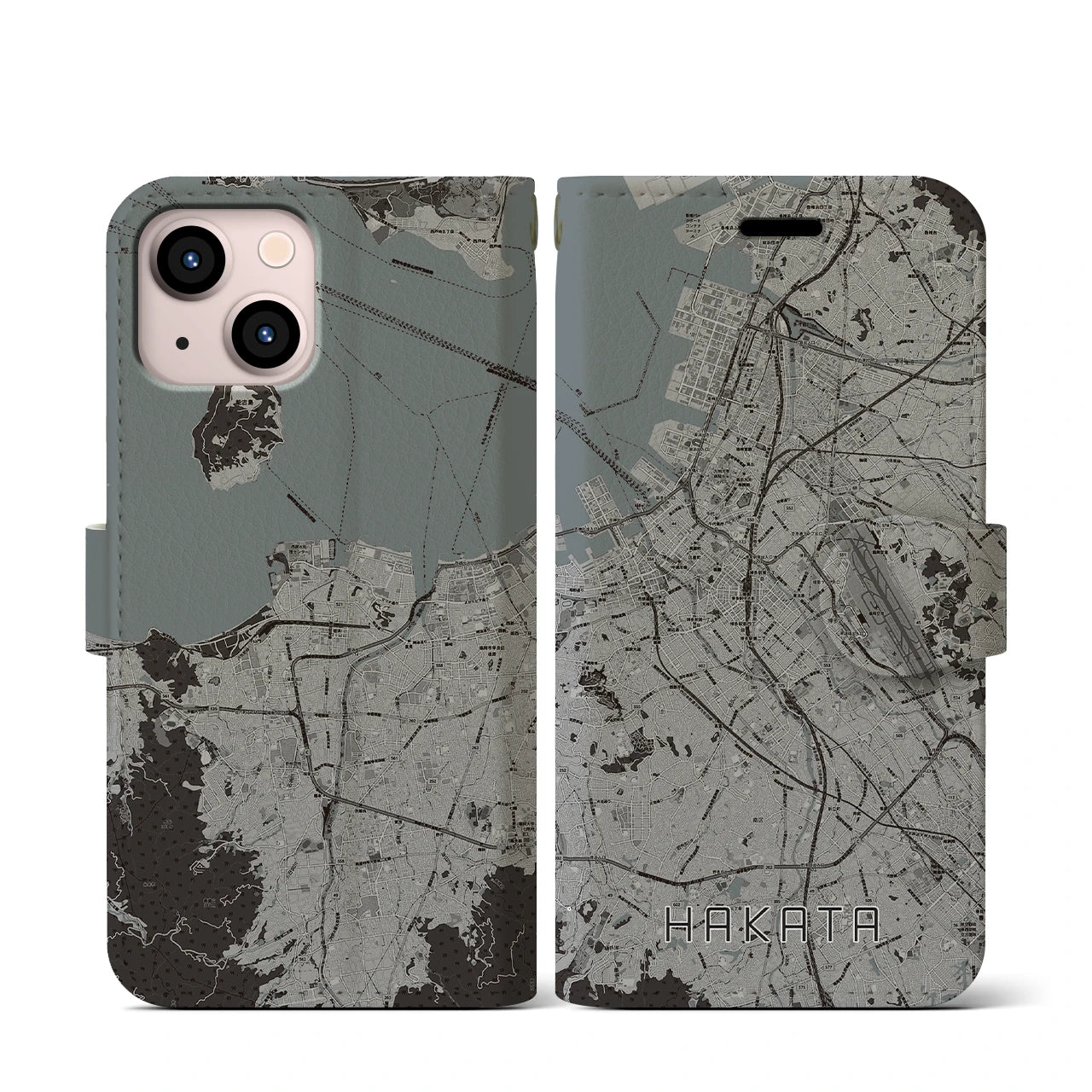 【博多(福岡県)】地図柄iPhoneケース(手帳タイプ)モノトーン・iPhone 13 mini 用