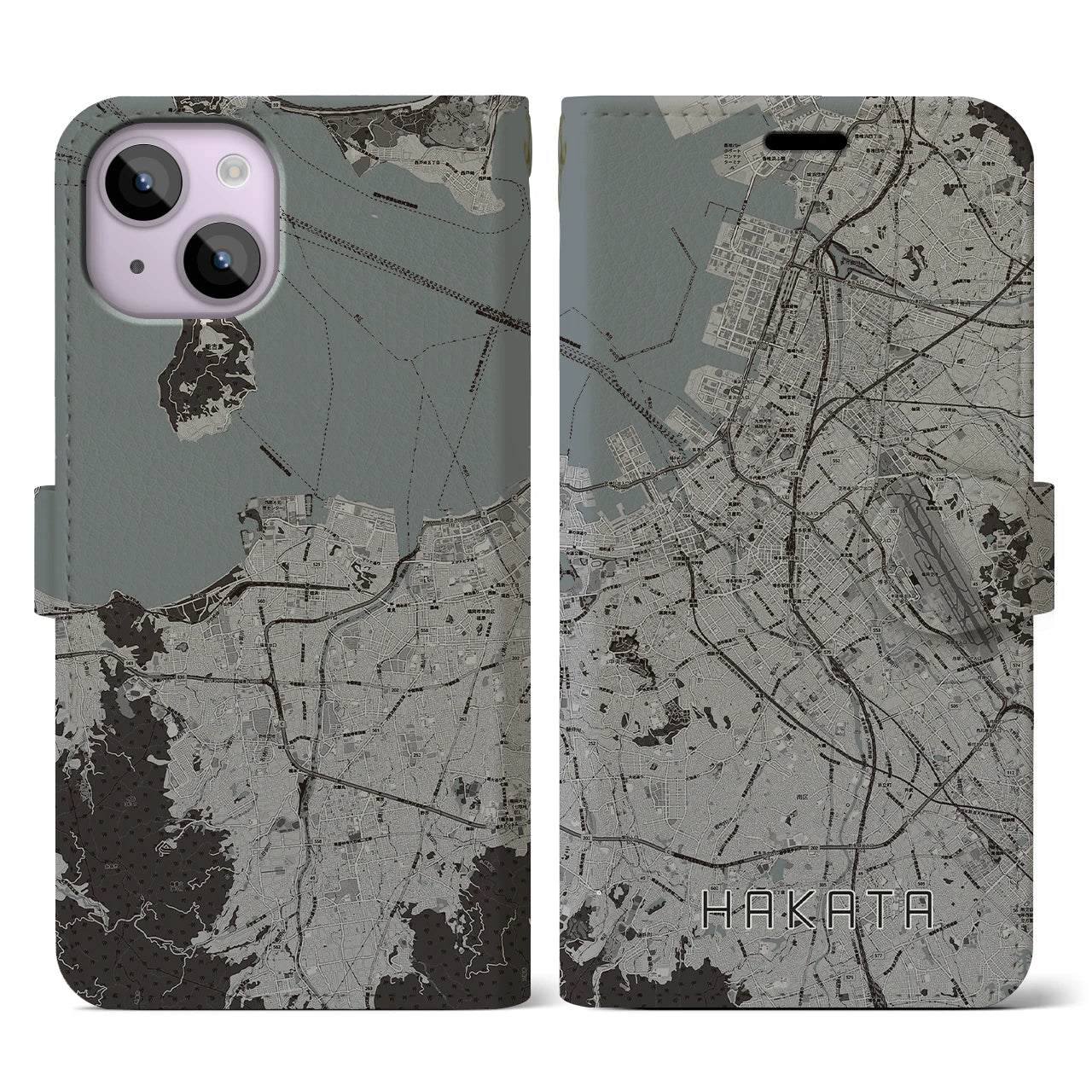 【博多(福岡県)】地図柄iPhoneケース(手帳タイプ)モノトーン・iPhone 14 用