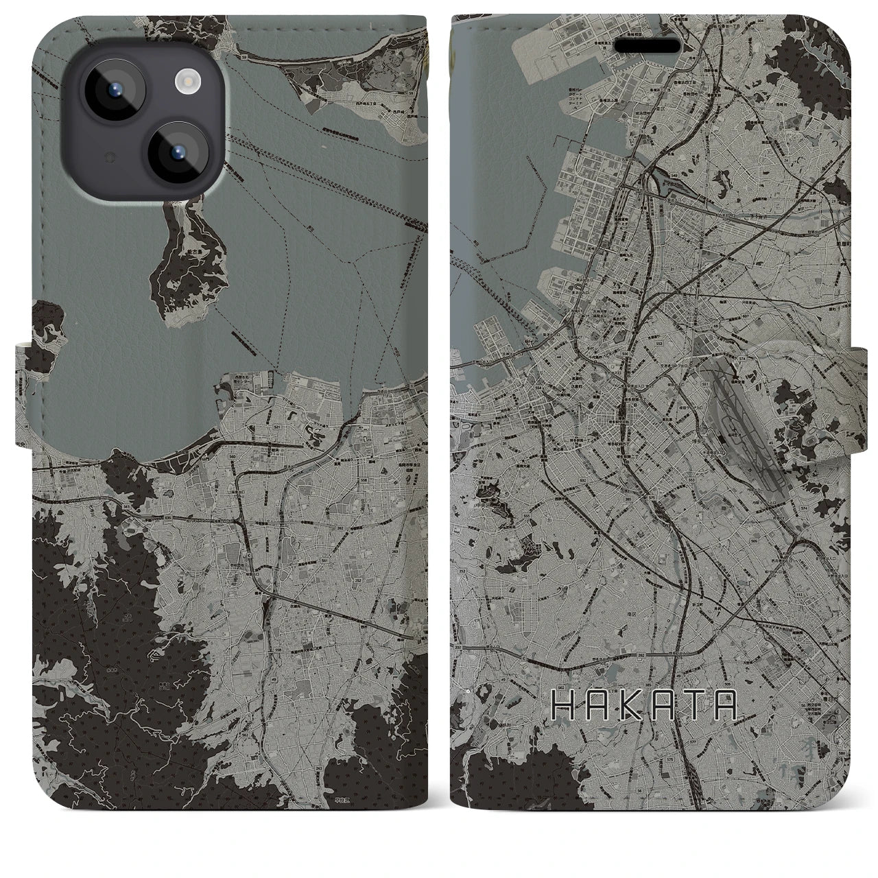 【博多(福岡県)】地図柄iPhoneケース(手帳タイプ)モノトーン・iPhone 14 Plus 用