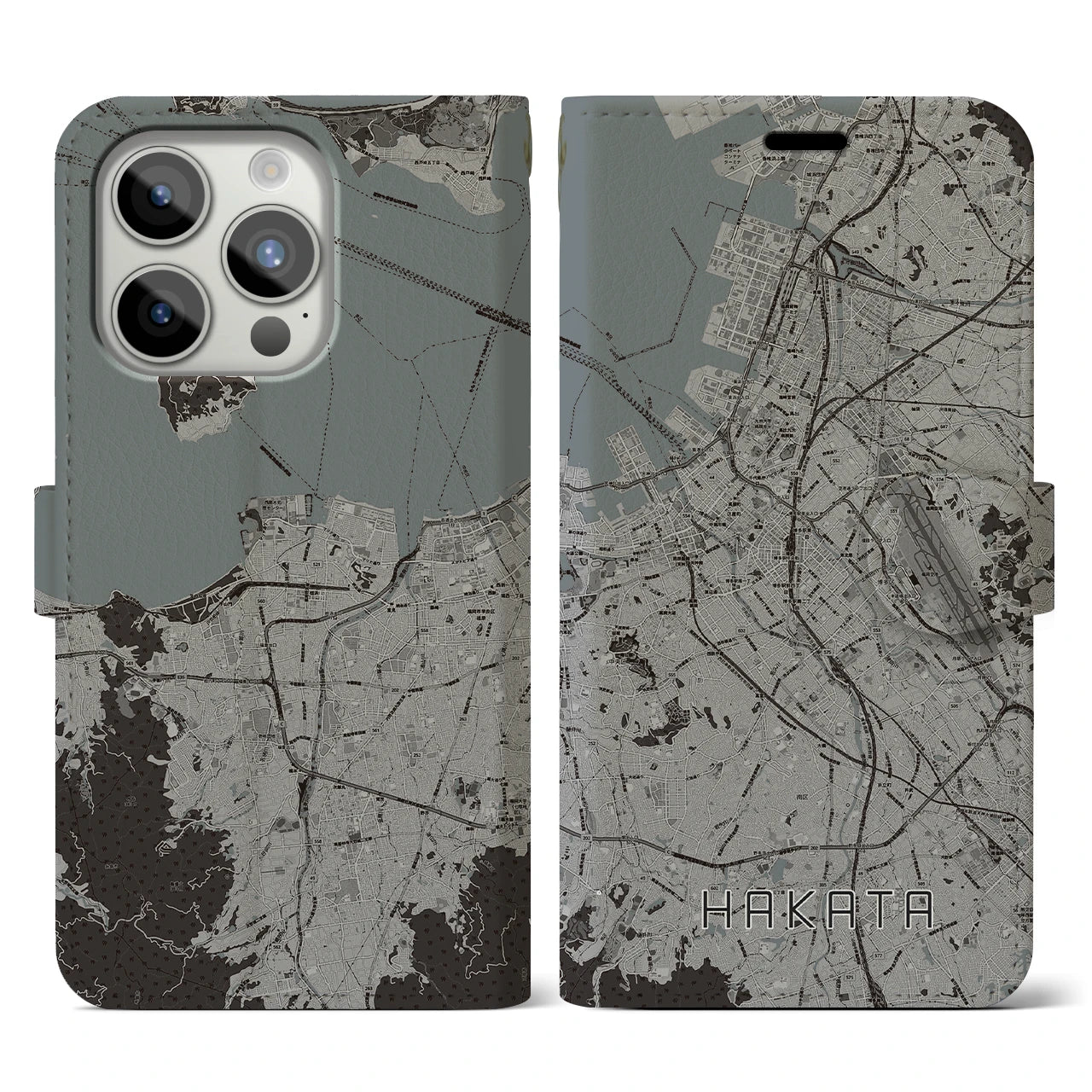 【博多(福岡県)】地図柄iPhoneケース(手帳タイプ)モノトーン・iPhone 15 Pro 用