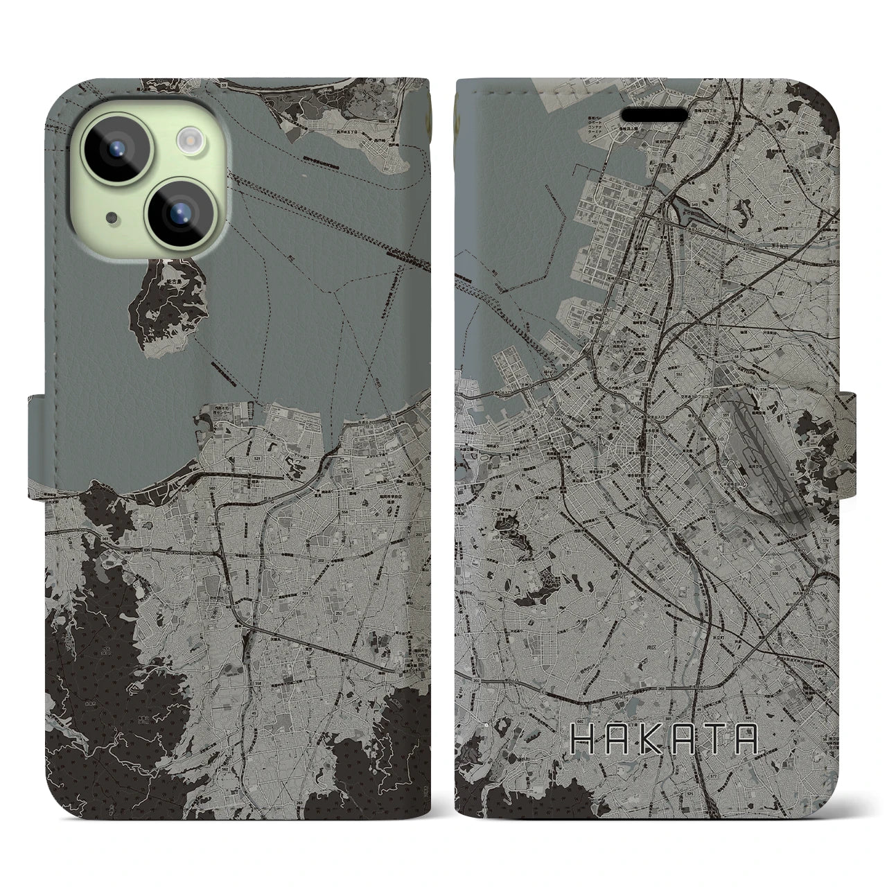 【博多(福岡県)】地図柄iPhoneケース(手帳タイプ)モノトーン・iPhone 15 用
