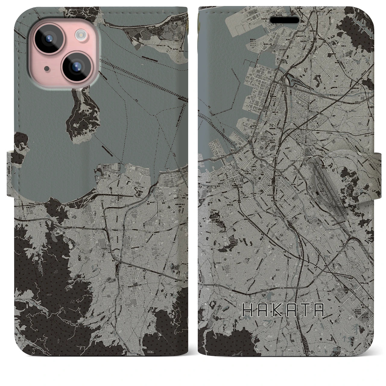 【博多(福岡県)】地図柄iPhoneケース(手帳タイプ)モノトーン・iPhone 15 Plus 用