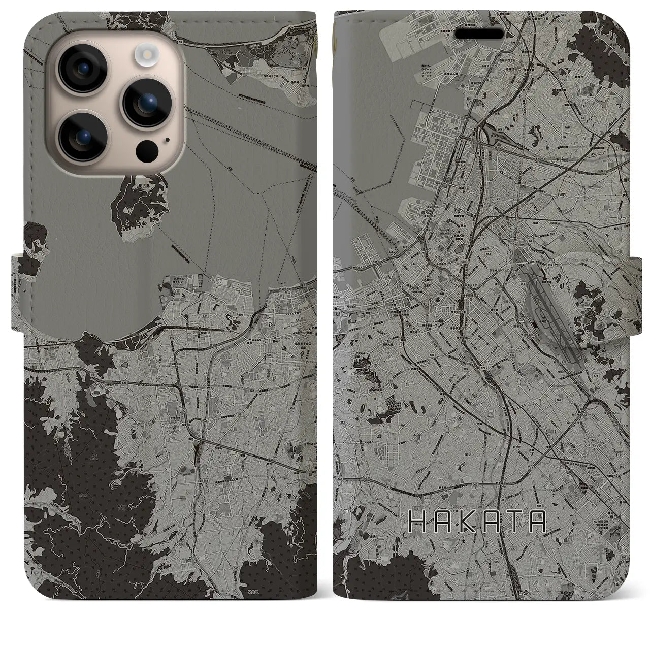 【博多(福岡県)】地図柄iPhoneケース(手帳タイプ)モノトーン・iPhone 16 Plus 用