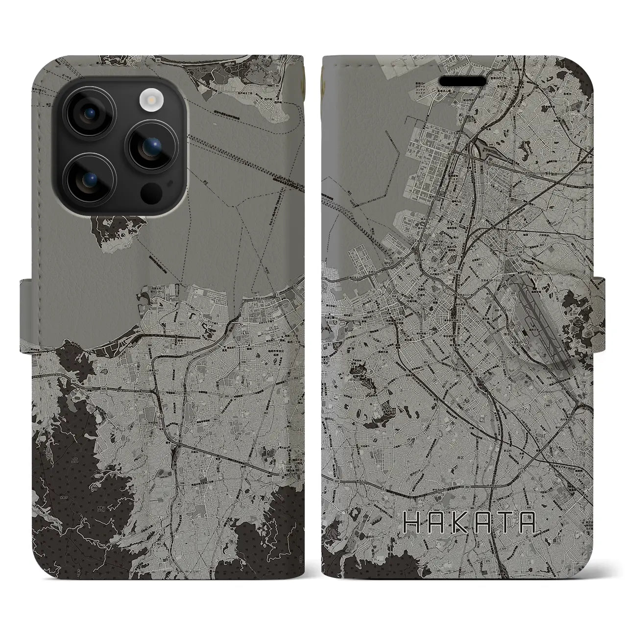【博多(福岡県)】地図柄iPhoneケース(手帳タイプ)モノトーン・iPhone 16 用