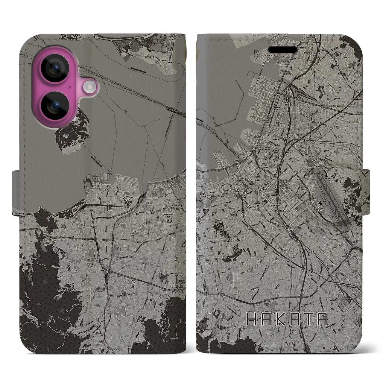 【博多(福岡県)】地図柄iPhoneケース(手帳タイプ)モノトーン・iPhone 16 Pro 用