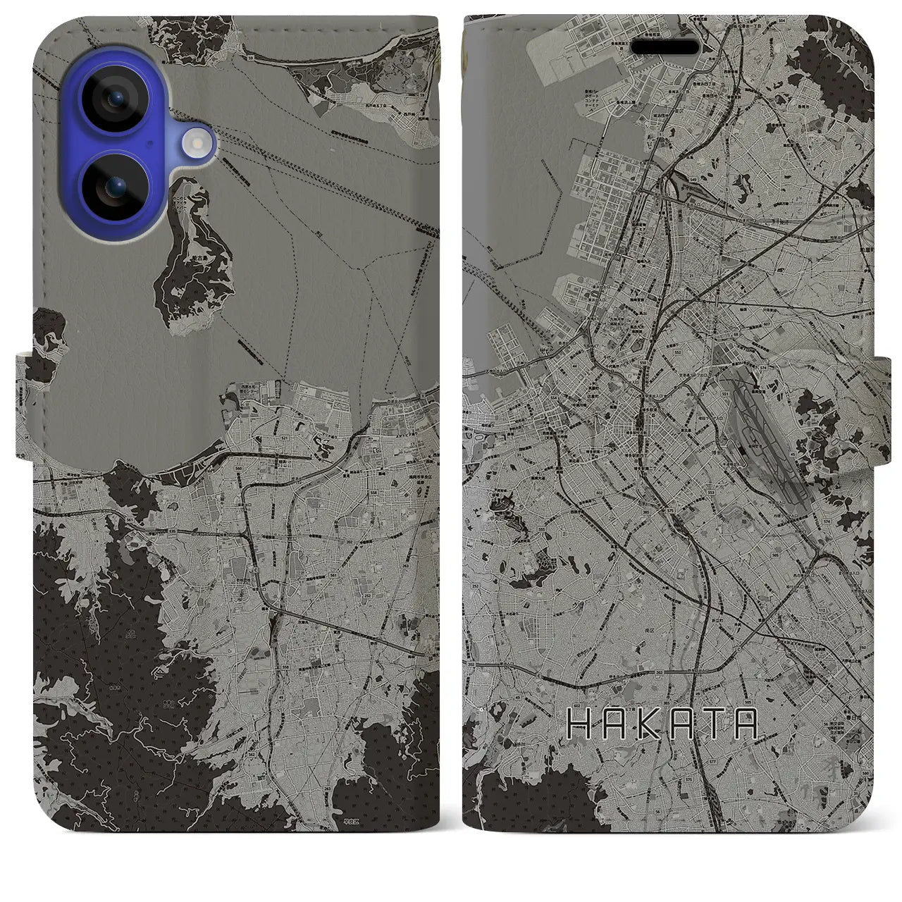 【博多(福岡県)】地図柄iPhoneケース(手帳タイプ)モノトーン・iPhone 16 Pro Max 用