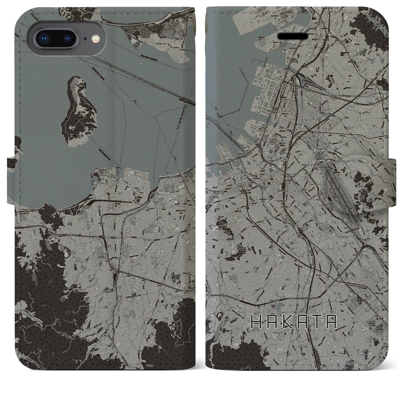 【博多(福岡県)】地図柄iPhoneケース(手帳タイプ)モノトーン・iPhone 8Plus /7Plus / 6sPlus / 6Plus 用