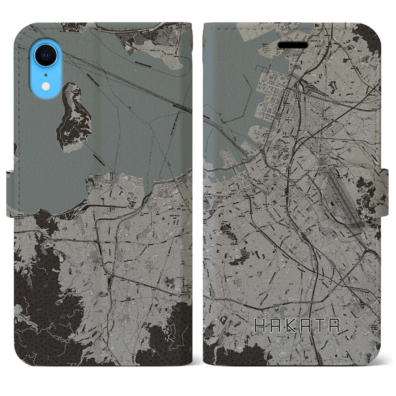 【博多(福岡県)】地図柄iPhoneケース(手帳タイプ)モノトーン・iPhone XR 用