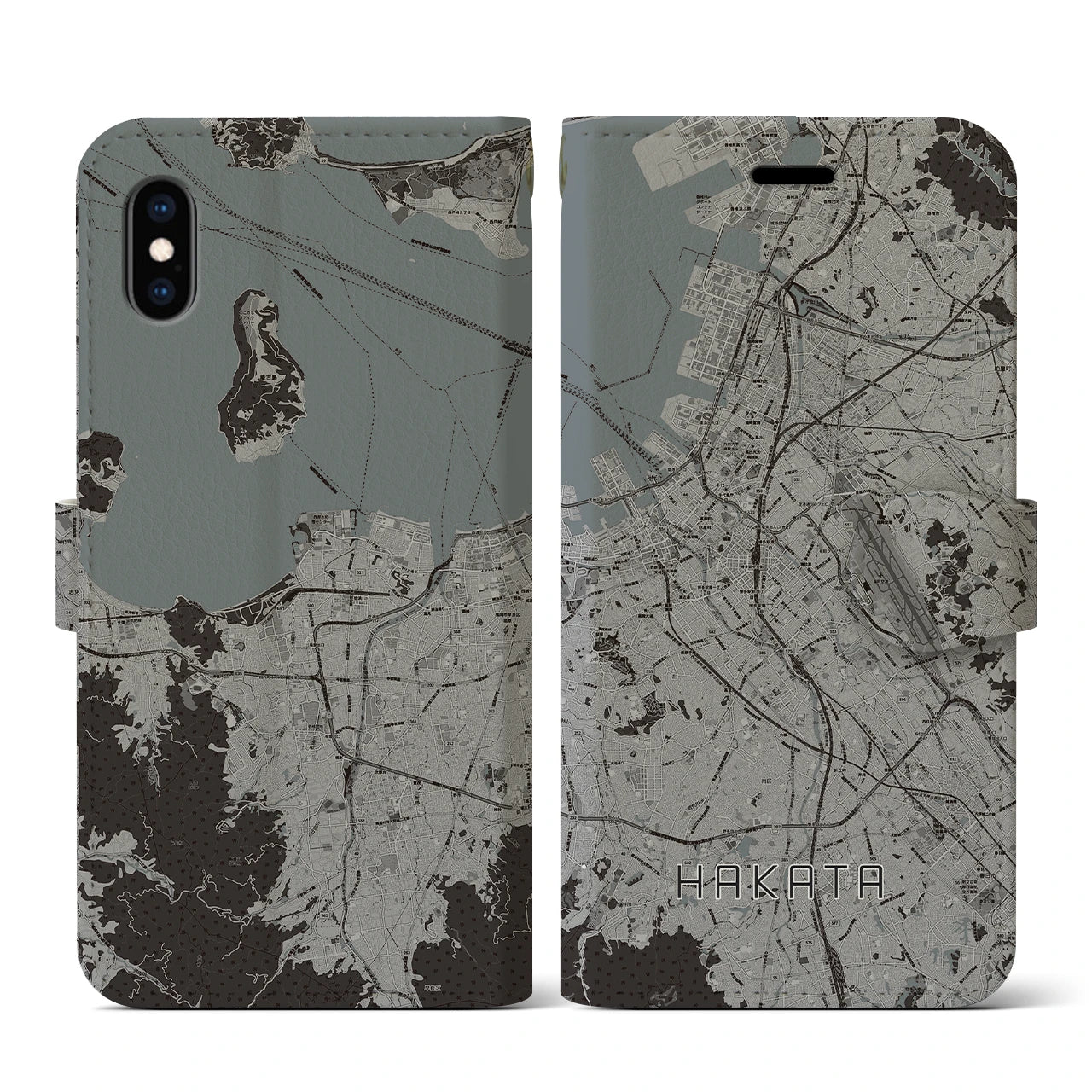 【博多(福岡県)】地図柄iPhoneケース(手帳タイプ)モノトーン・iPhone XS / X 用