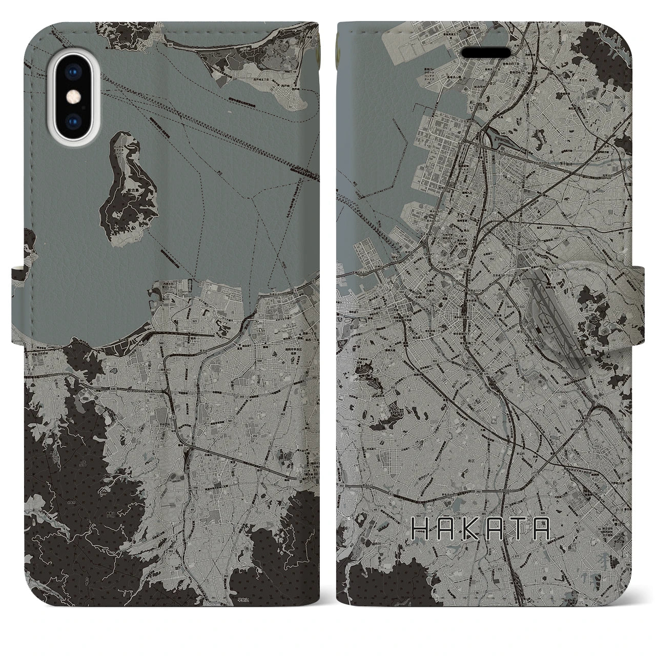 【博多(福岡県)】地図柄iPhoneケース(手帳タイプ)モノトーン・iPhone XS Max 用