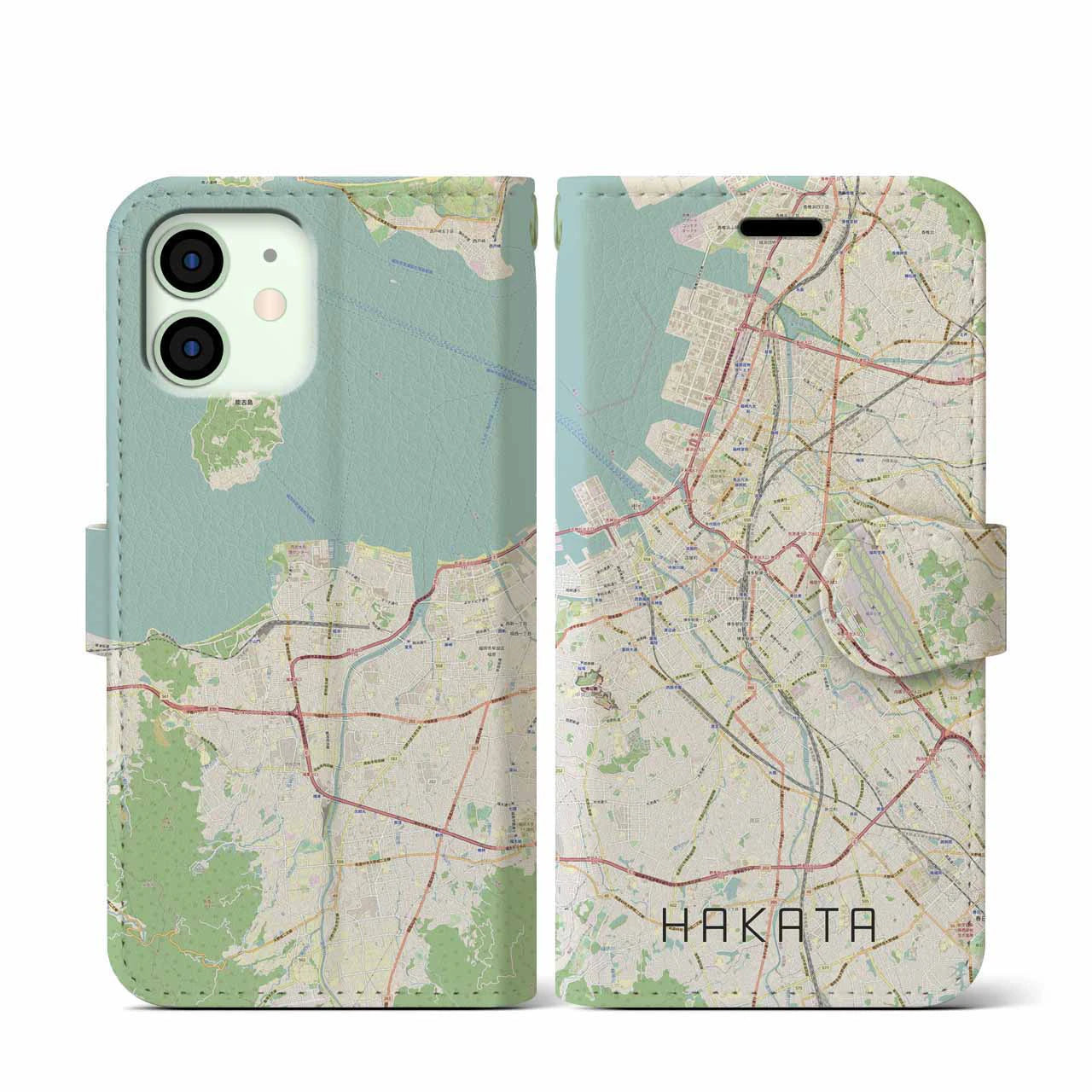 【博多(福岡県)】地図柄iPhoneケース(手帳タイプ)ナチュラル・iPhone 12 mini 用
