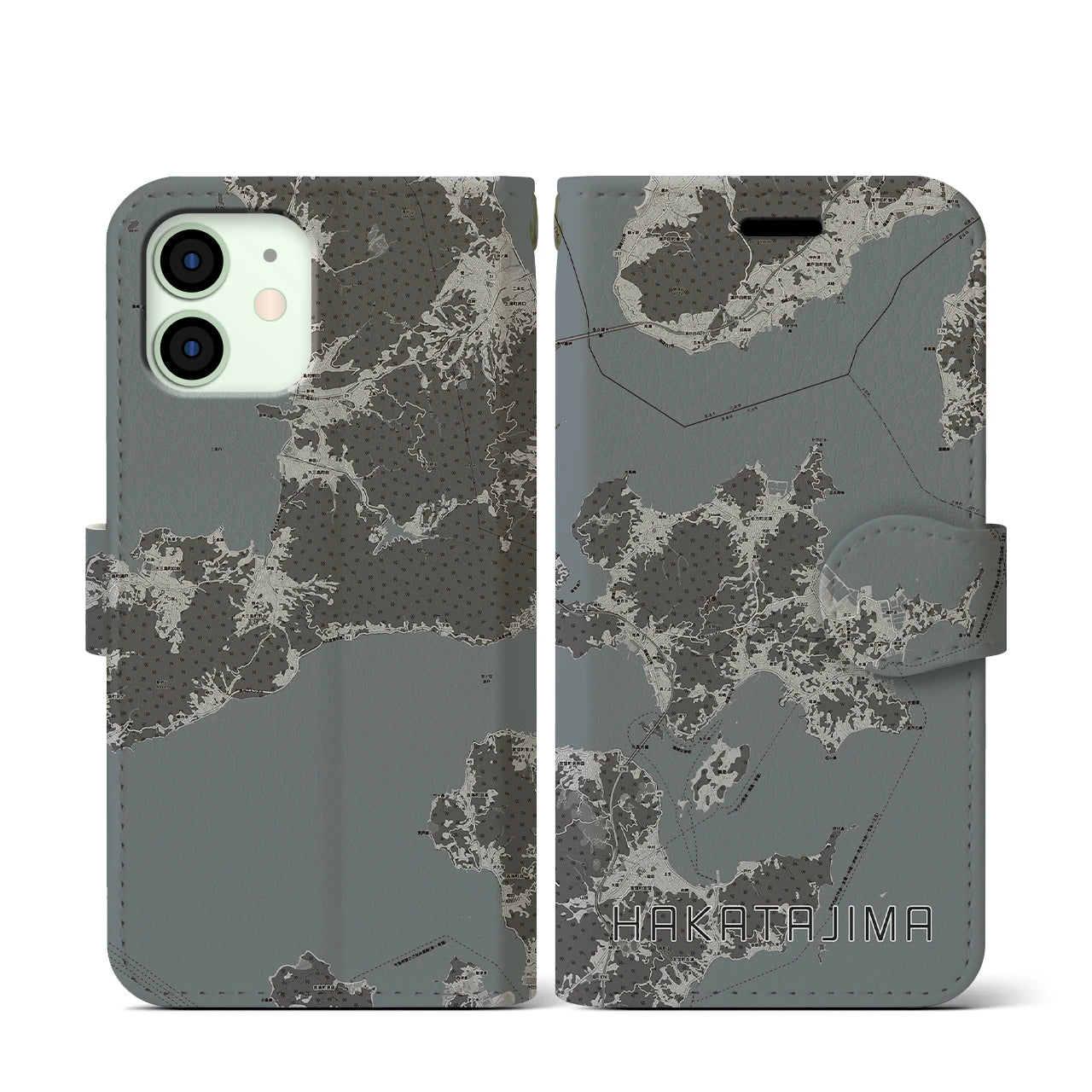 【伯方島(愛媛県)】地図柄iPhoneケース(手帳タイプ)モノトーン・iPhone 12 mini 用