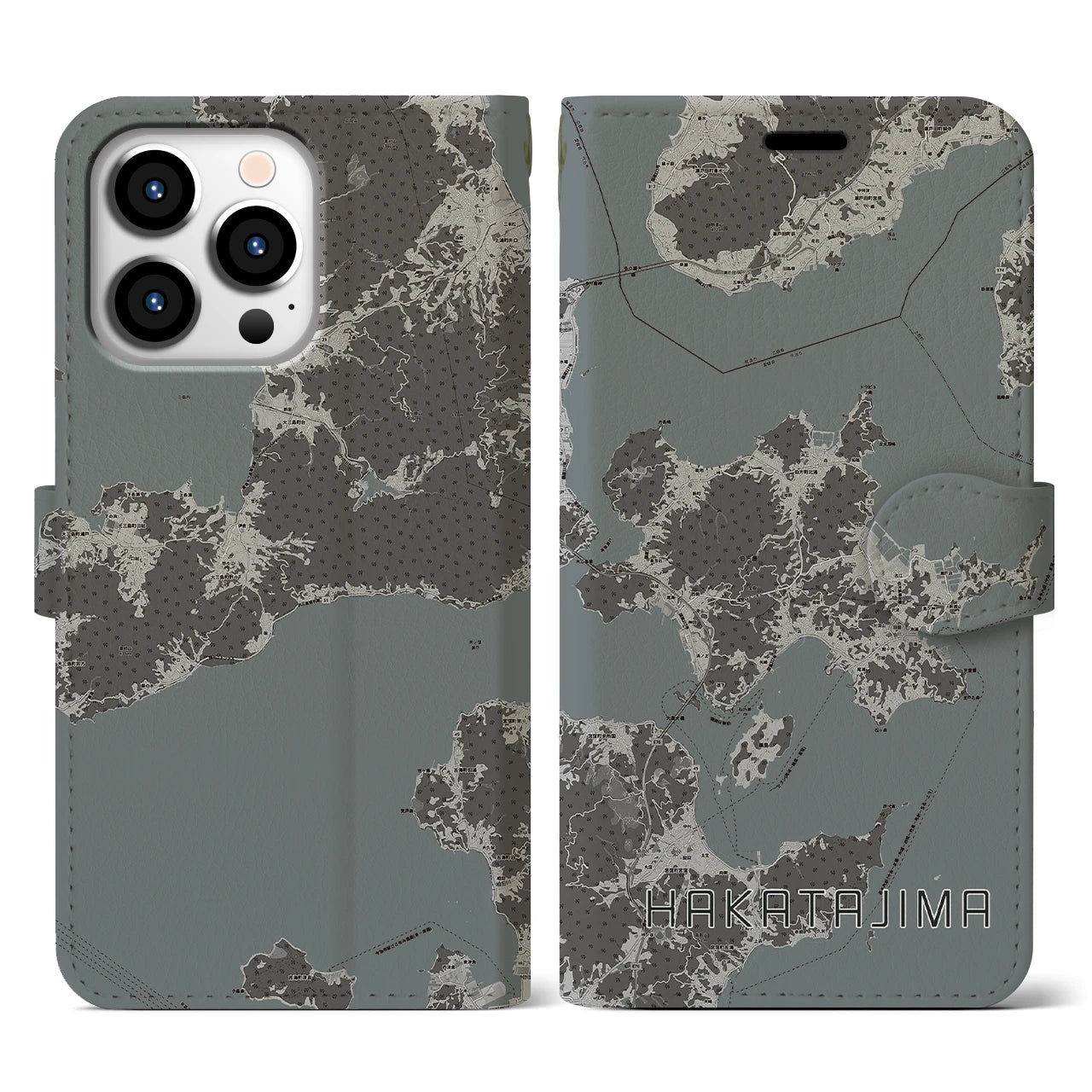 【伯方島(愛媛県)】地図柄iPhoneケース(手帳タイプ)モノトーン・iPhone 13 Pro 用