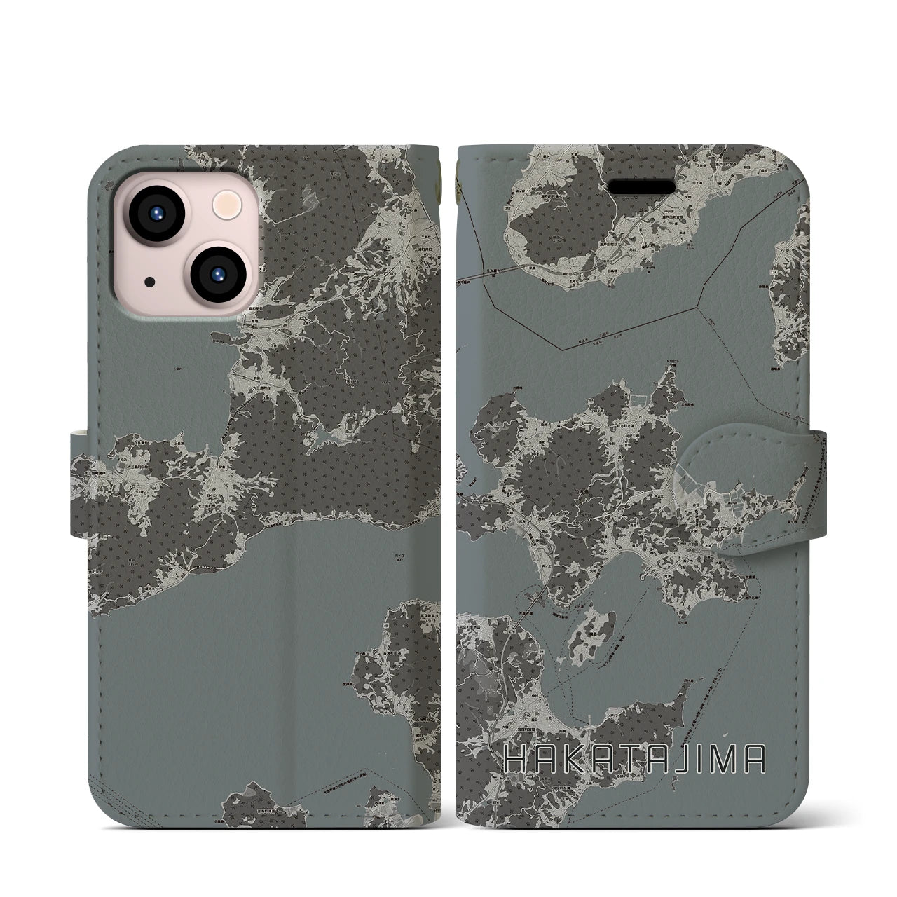 【伯方島(愛媛県)】地図柄iPhoneケース(手帳タイプ)モノトーン・iPhone 13 mini 用