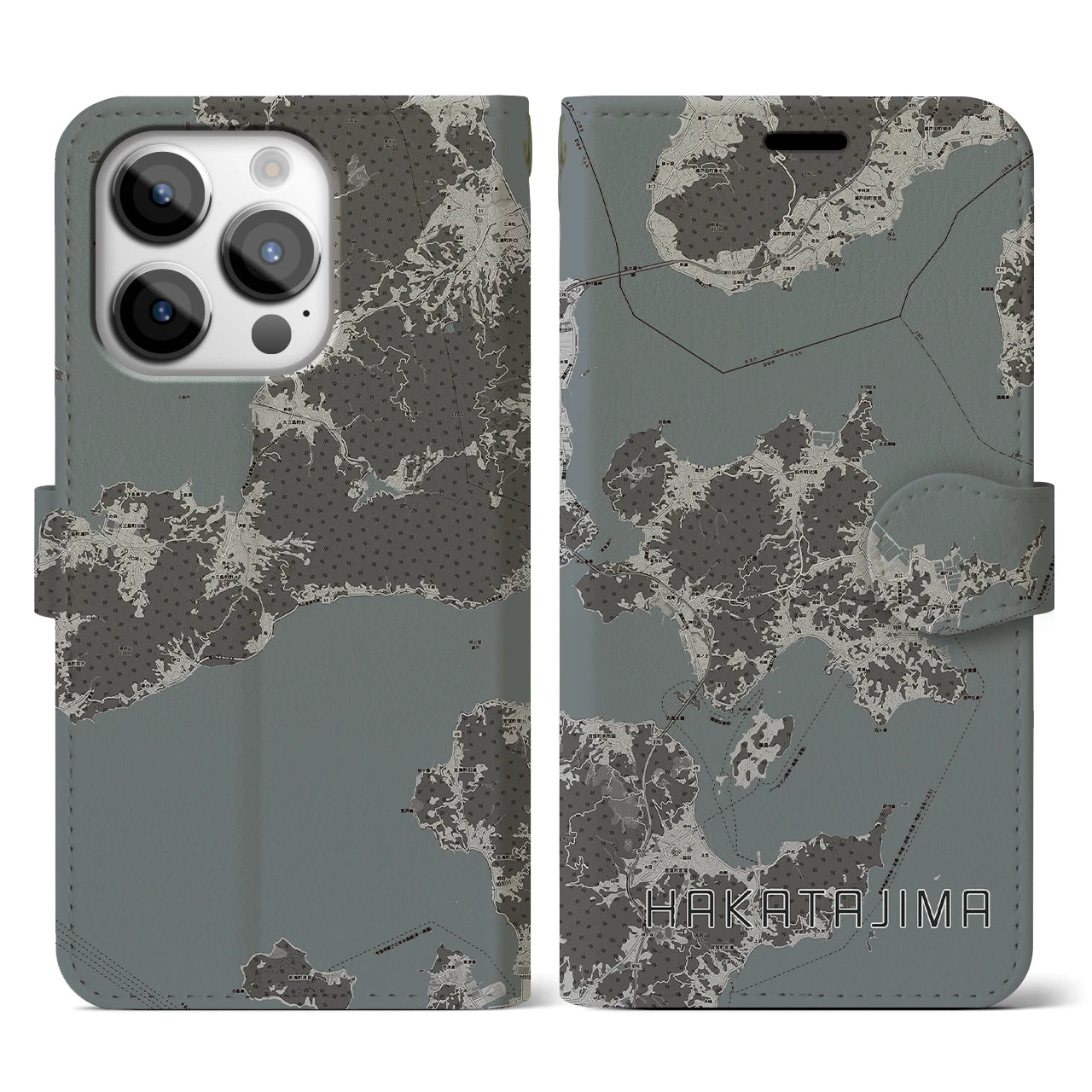 【伯方島(愛媛県)】地図柄iPhoneケース(手帳タイプ)モノトーン・iPhone 14 Pro 用