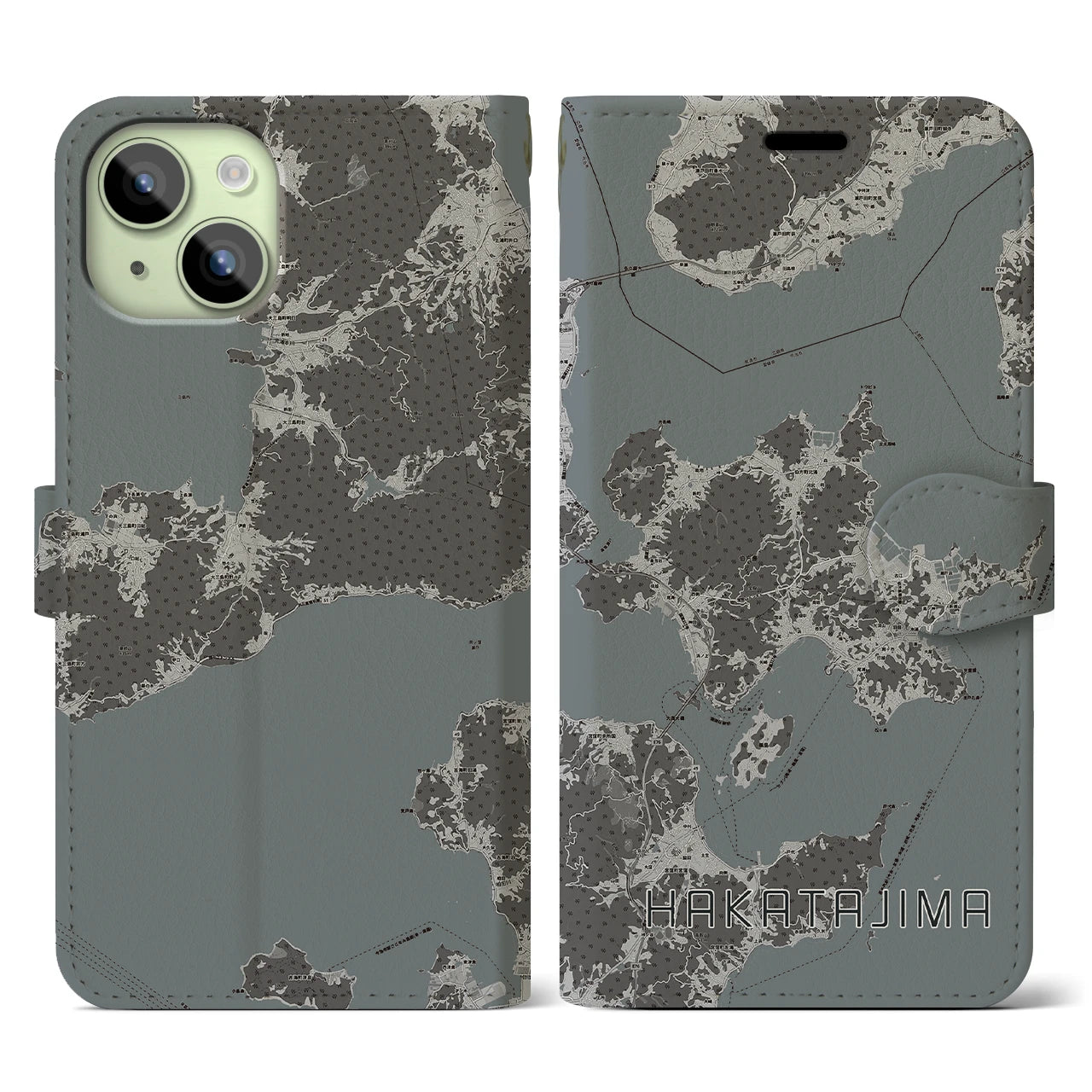 【伯方島(愛媛県)】地図柄iPhoneケース(手帳タイプ)モノトーン・iPhone 15 用