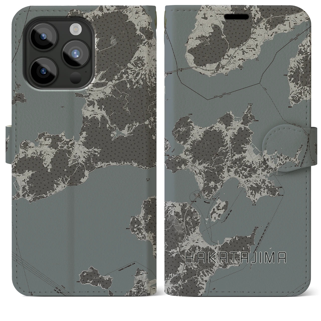 【伯方島(愛媛県)】地図柄iPhoneケース(手帳タイプ)モノトーン・iPhone 15 Pro Max 用