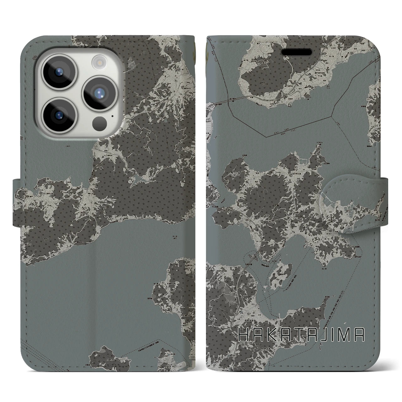 【伯方島(愛媛県)】地図柄iPhoneケース(手帳タイプ)モノトーン・iPhone 15 Pro 用