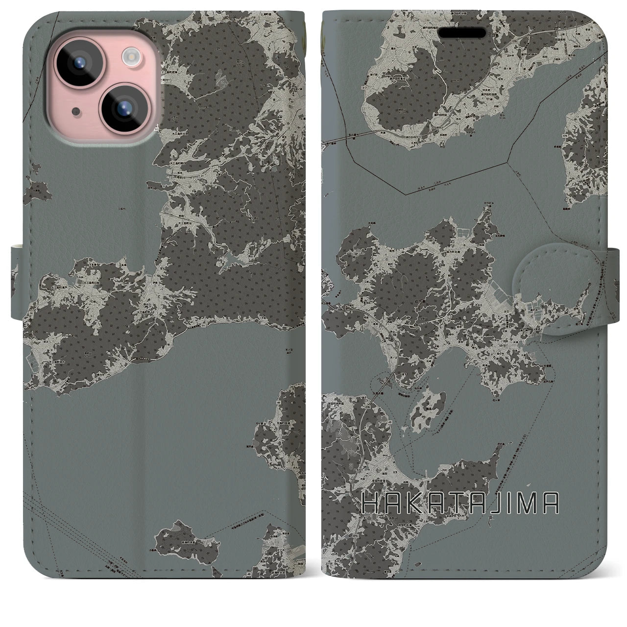 【伯方島(愛媛県)】地図柄iPhoneケース(手帳タイプ)モノトーン・iPhone 15 Plus 用