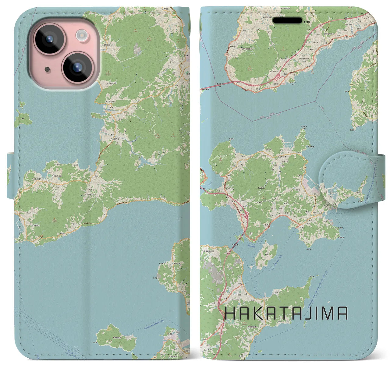 【伯方島(愛媛県)】地図柄iPhoneケース(手帳タイプ)ナチュラル・iPhone 15 Plus 用