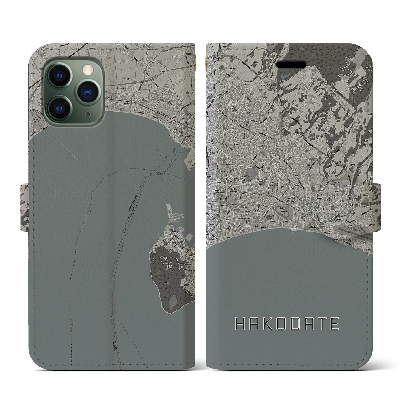 【函館2(北海道)】地図柄iPhoneケース(手帳タイプ)モノトーン・iPhone 11 Pro 用