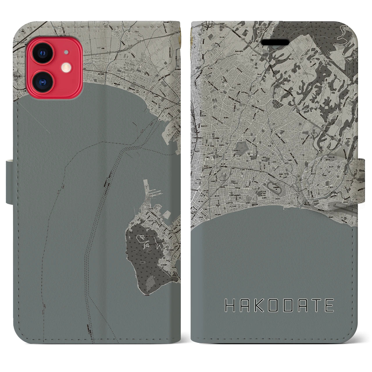 【函館2(北海道)】地図柄iPhoneケース(手帳タイプ)モノトーン・iPhone 11 用