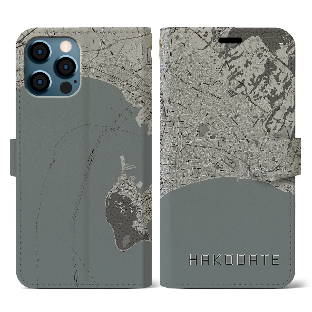 【函館2(北海道)】地図柄iPhoneケース(手帳タイプ)モノトーン・iPhone 12 / 12 Pro 用