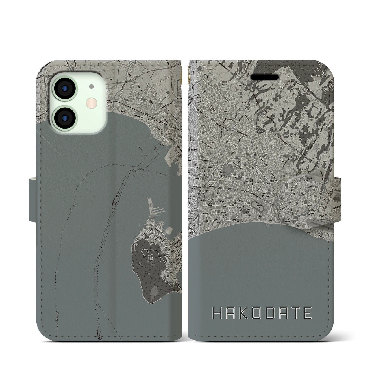 【函館2(北海道)】地図柄iPhoneケース(手帳タイプ)モノトーン・iPhone 12 mini 用