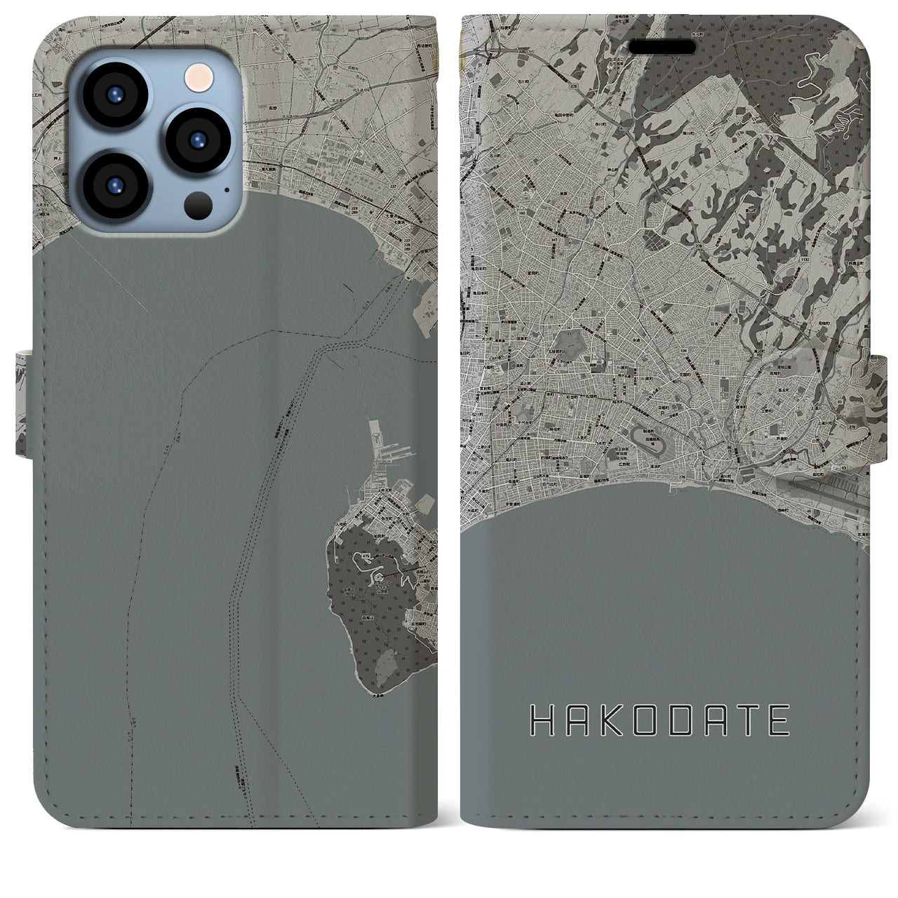 【函館2(北海道)】地図柄iPhoneケース(手帳タイプ)モノトーン・iPhone 13 Pro Max 用