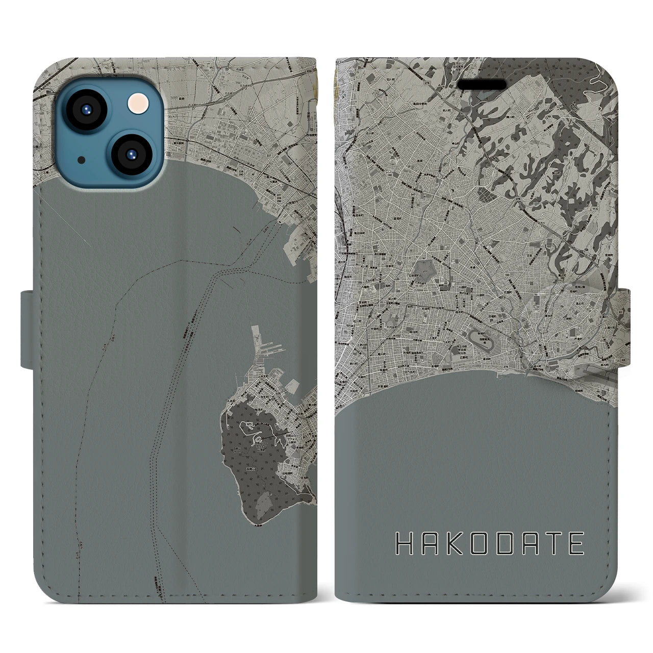【函館2(北海道)】地図柄iPhoneケース(手帳タイプ)モノトーン・iPhone 13 用