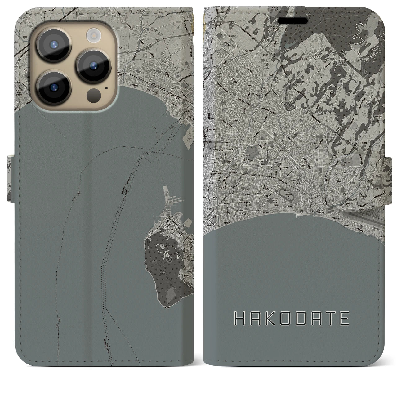 【函館2(北海道)】地図柄iPhoneケース(手帳タイプ)モノトーン・iPhone 14 Pro Max 用