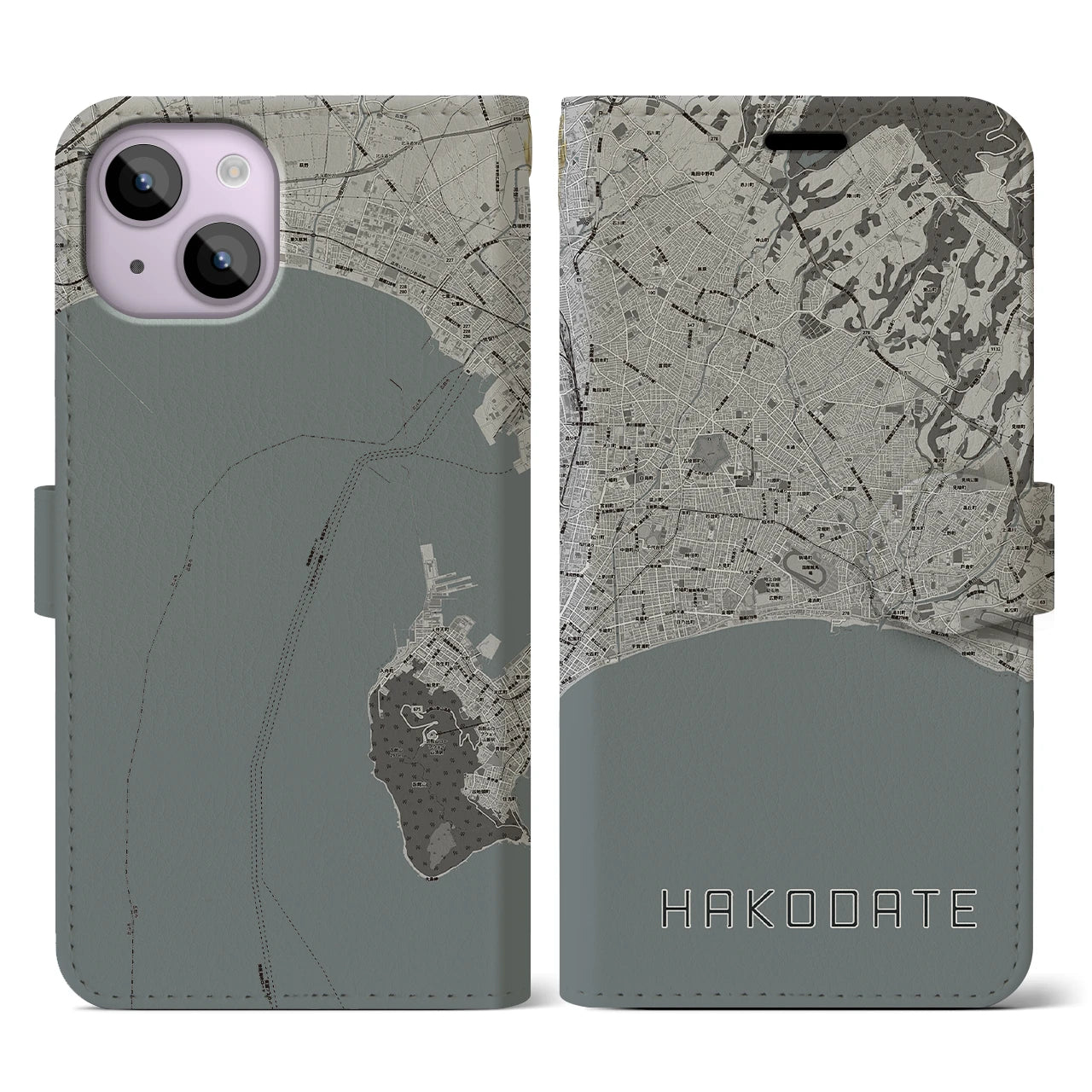 【函館2(北海道)】地図柄iPhoneケース(手帳タイプ)モノトーン・iPhone 14 用