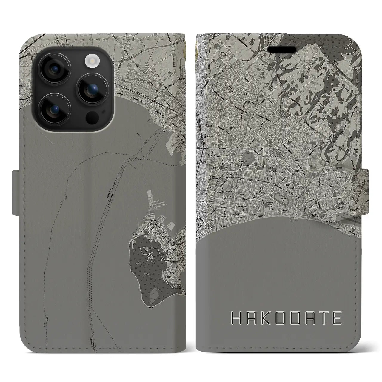 【函館2(北海道)】地図柄iPhoneケース(手帳タイプ)モノトーン・iPhone 16 用