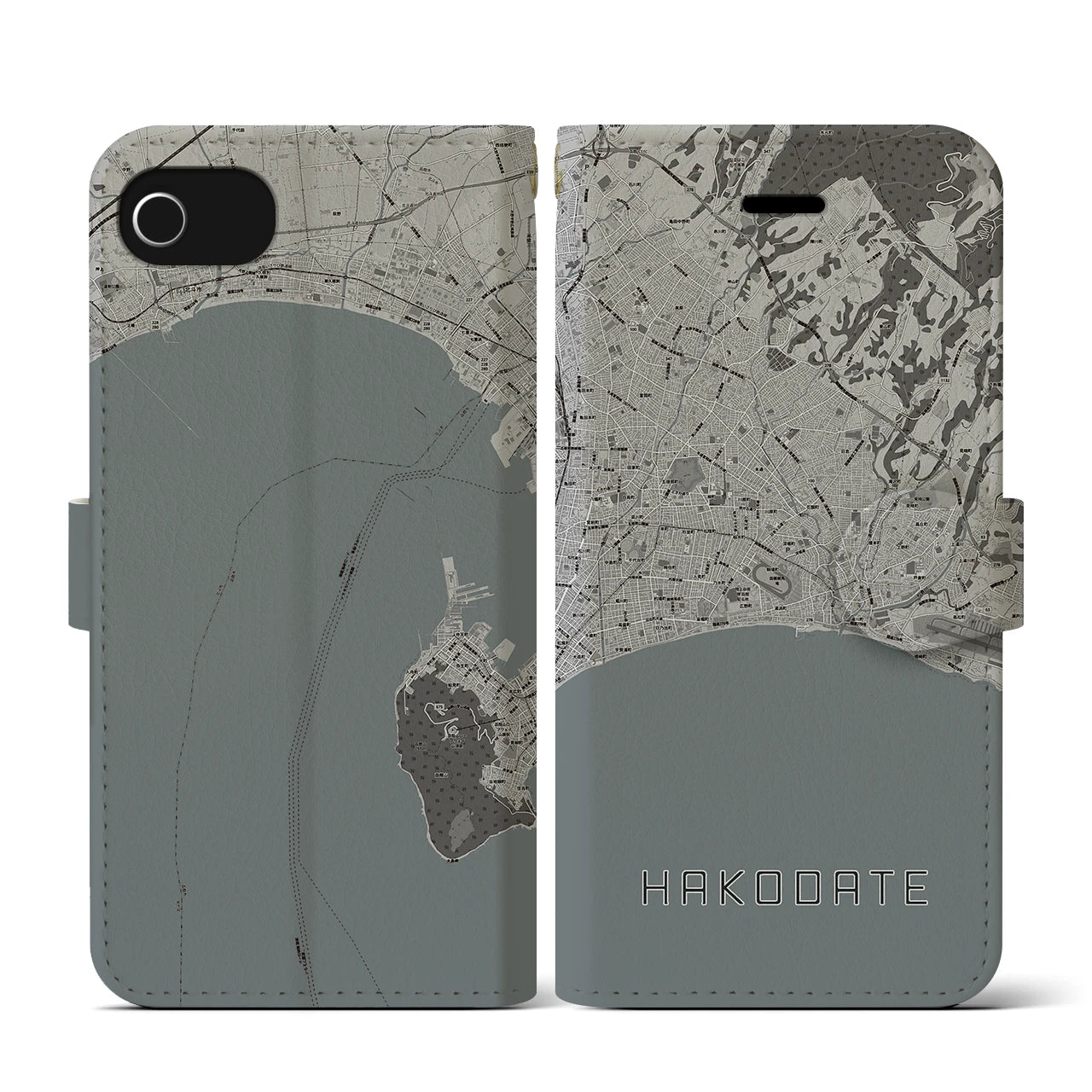 【函館2(北海道)】地図柄iPhoneケース(手帳タイプ)モノトーン・iPhone SE(第3 / 第2世代) / 8 / 7 / 6s / 6 用