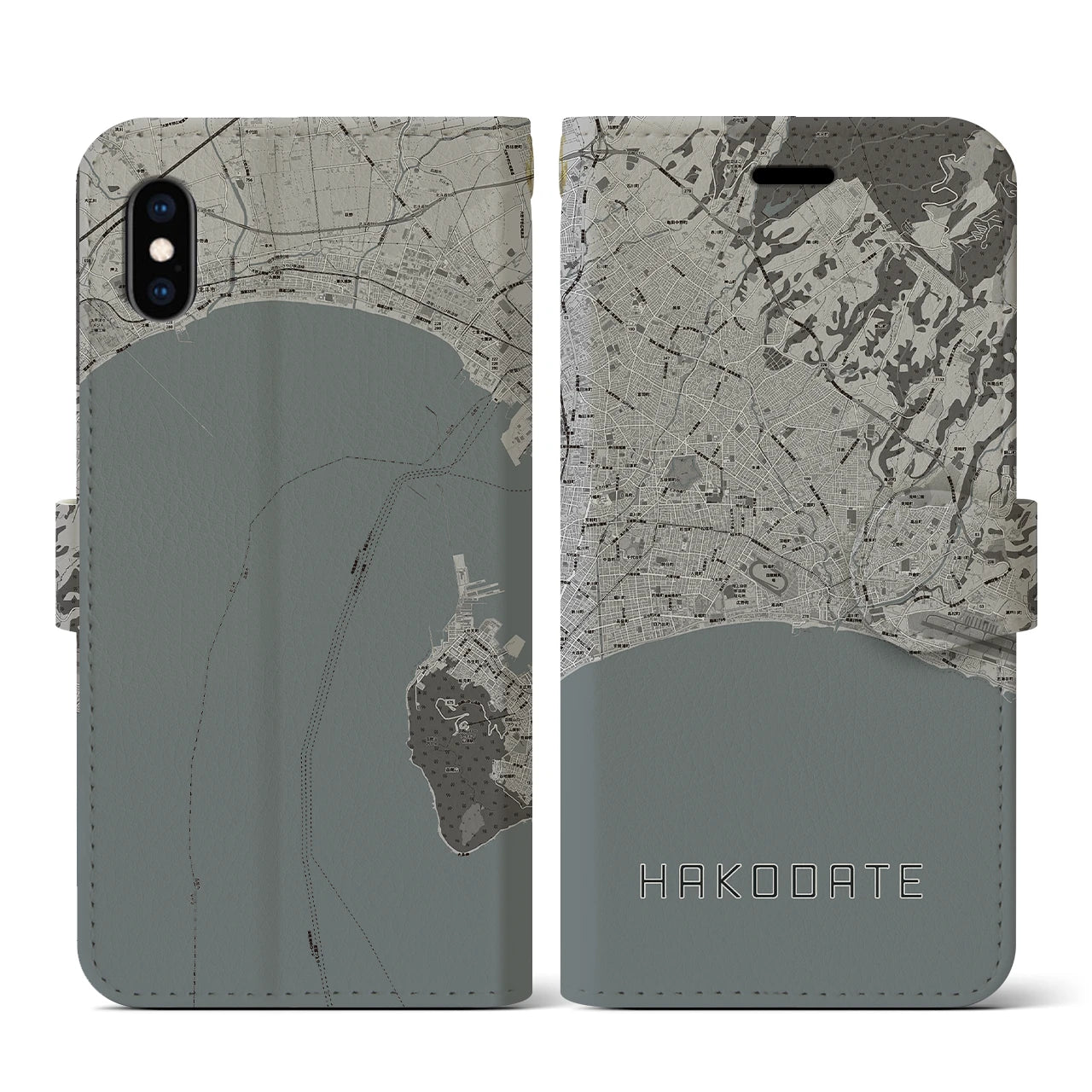【函館2(北海道)】地図柄iPhoneケース(手帳タイプ)モノトーン・iPhone XS / X 用
