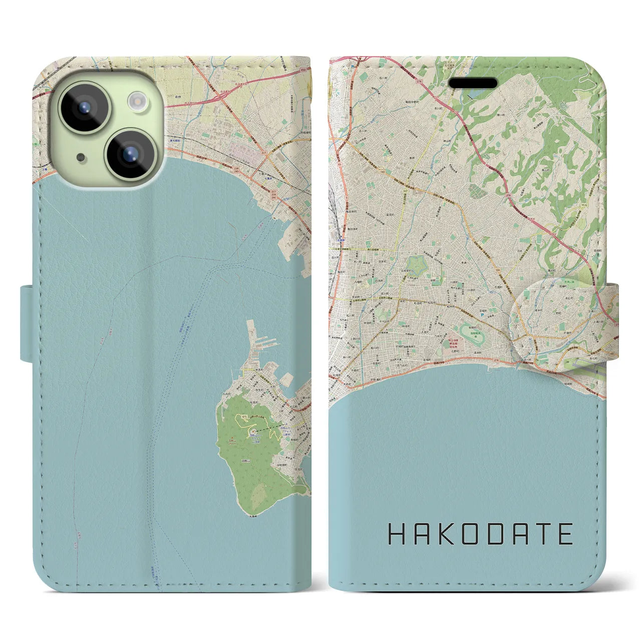 【函館2(北海道)】地図柄iPhoneケース(手帳タイプ)ナチュラル・iPhone 15 用